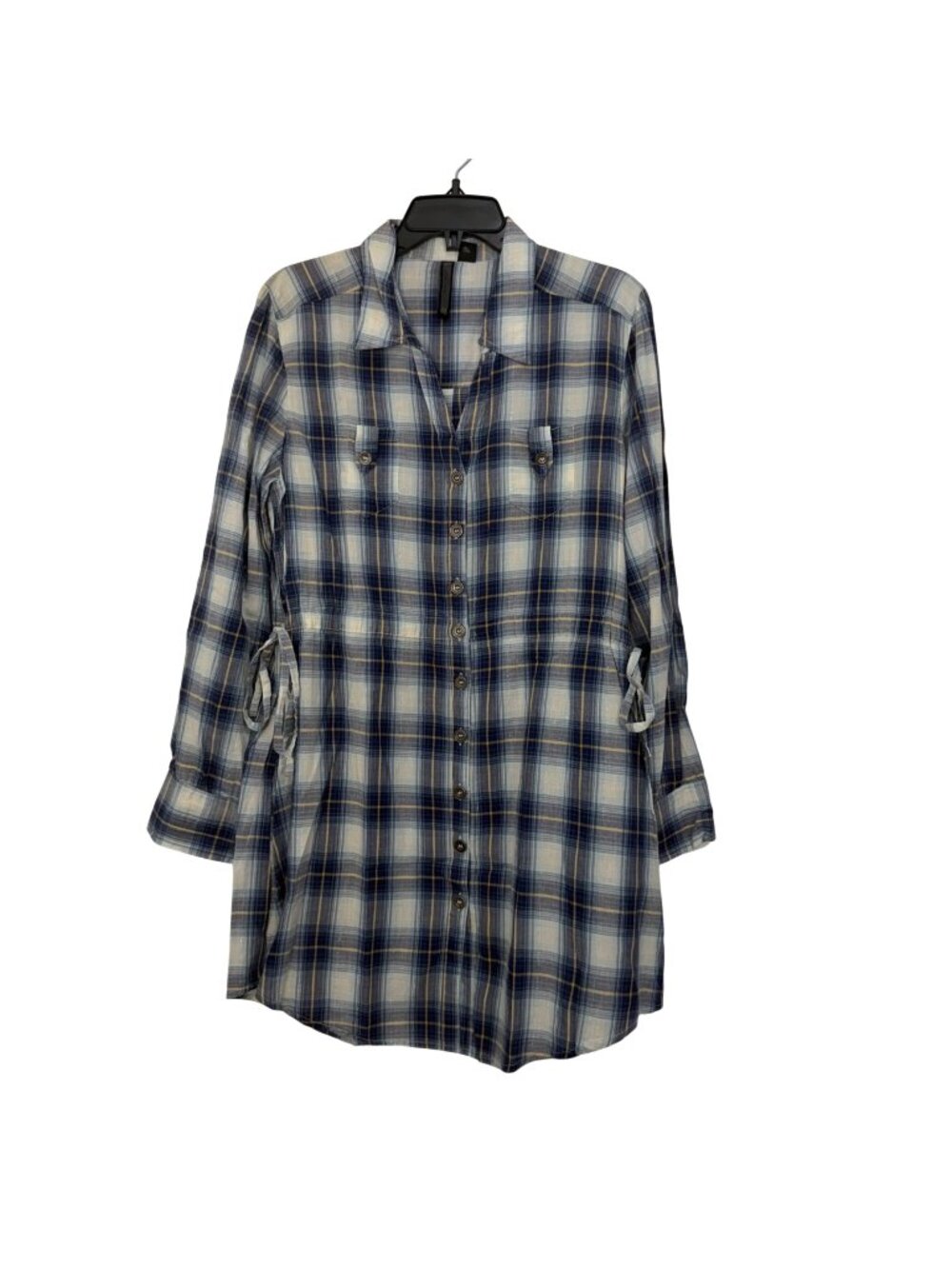 Nine West Jeans Women Blue Plaid Button-Up Tunic Dress Size M Roll Tab Sleeves